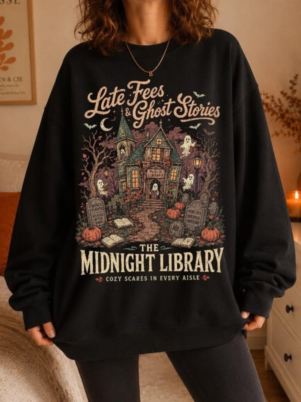 Haunted Midnight Library Sweater, Vintage 90s Bookish Halloween Graphic